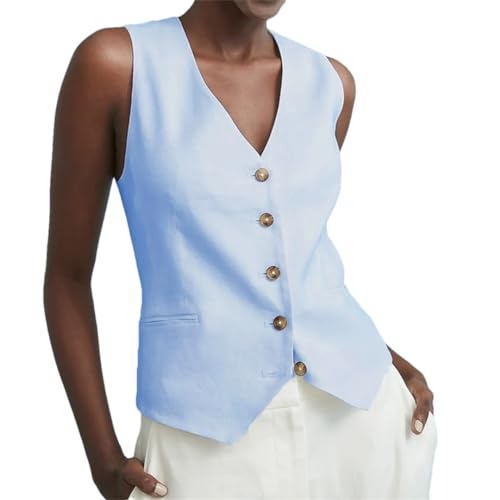 Wvapzxx Gilet d'été en lin pour femme avec col en V simple boutonnage, bleu ciel, M