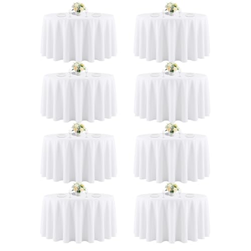CKIKU 90 Inch White Round Tablecloth for 36"-72" Table, 8 Pack