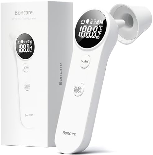 Boncare Ear and Forehead Thermometer, 2X Accuracy Infrared Digital Thermometer for Adults and Kids, 1 Second Reading, No Touch Baby with Fever Alarm
