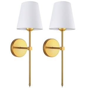 Wall Sconces Sets of 2, Retro Industrial Wall Lamps, Vanity Sconces Wall Lighting with White Fabric Shades, Wall Lights Suitable for Bathroom Bedroom Living Room Kitchen Gold