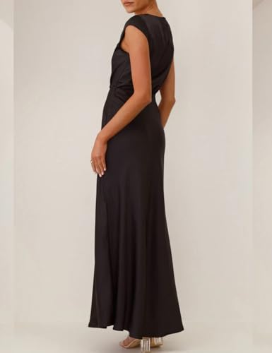 Summer Satin V Neck Wrap Maxi Dress for Women 2025 Elegant Silk Cap Sleeve Wedding Guest Dresses2