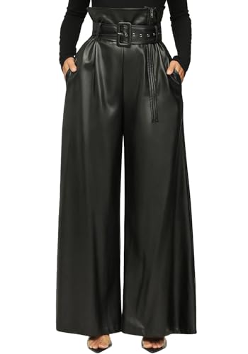 Tcremisa Leather Pants for Women High Waisted Faux Leather Straight Wide Leg Pant PU Trousers with Belt