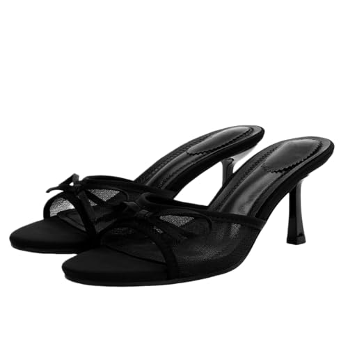 Image of UFEDO Womens Kitten Heels Bow Mesh Sandals Round Open Toe Slip On Low Slide Heeled Sandals