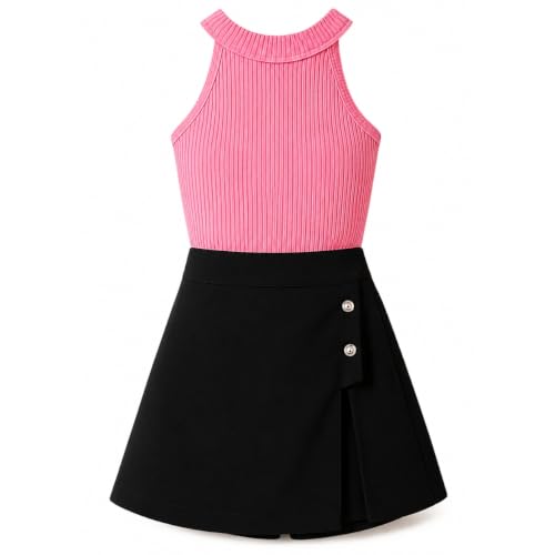 Image of RIYANSHI Girls Halter Neck Ribbed Top with A-line Skirt Set | Cotton Blend, 2 Piece Outfit, Button Detail, Ages 1-10 Years, Casual Wear
