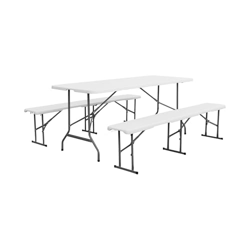 Alice's Garden - Set de Table et bancs de réception. 180cm. Pliables. avec poignée de Transport. Plastique Blanc. Table de Camping