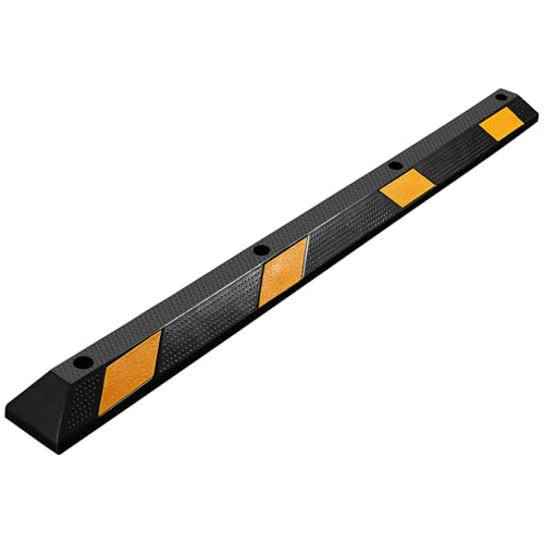 Wiltec Radstopper 183 x 15 x 10 cm, Einparkhilfe aus Gummi, Parkplatzbegrenzung mit gelben Reflexionsstreifen & Schraubrillen, Parkplatzsperre für Garage