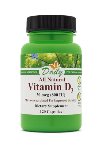 Daily Manufacturing Vitamin D3‑800 IU (20 mcg) – Non‑GMO, Gluten‑Free, Kosher, Vegetarian Capsules – Supports Bone, Immune & General Wellness – 120 Count