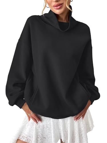 EasyGala Womens Fleece Sweatshirts with Pockets Oversized Turtleneck Pullover Trendy Long Sleeve Tops Fall Fashion Shirts Black Medium
