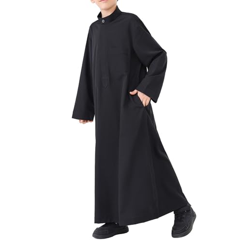 Boys Muslim Kaftan Kids Prayer Clothes Ramadan Eid Outfits Long Sleeve Solid Color Stand Collar Thobe with Pocket