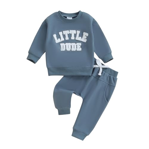 Image of fhutpw Fall Baby Boy Clothes Toddler Embroidery Little Dude Print Long Sleeve Sweatshirt Tops Solid Pants Winter Outfits
