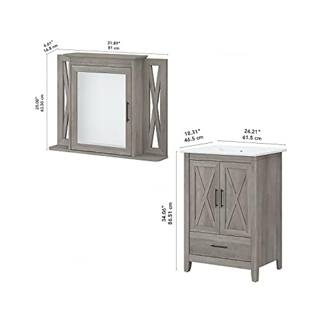 Bush Furniture Key West 24W Bathroom Vanity Sink with Mirror in Driftwood Gray