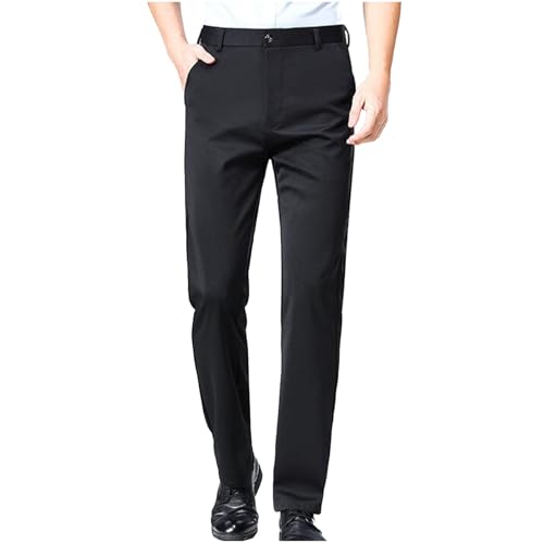 Men's Button Suit Pants Straight Solid Color Fitted Long Trousers Elastic Waist Breathable Business Dinner Pants