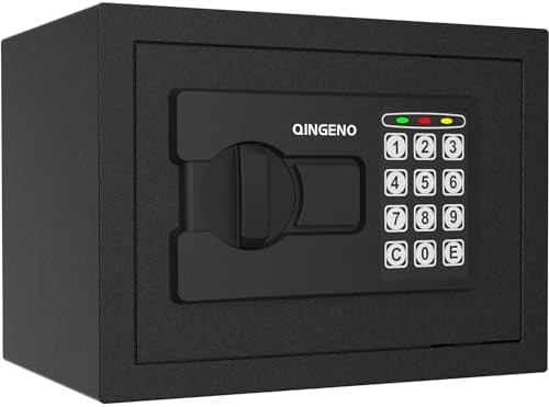 QINGENO Caja fuerte con teclado electrónico digital de seguridad, mini caja fuer