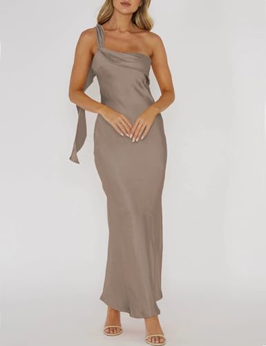 Image of 2026 Satin One Shoulder Maxi Dress for Women Summer Silk Formal Elegant Backless Ruffle Sleeveless Wedding Guest Dresses