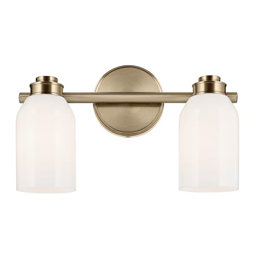 Image of Kichler Shae 2-Light Bathroom Vanity Light, Champagne Bronze | White opal glass vanity light for modern bathroom mirrors (15 inch x 9 inch), 55201CPZ