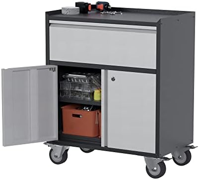 Aobabo Metal Storage Cabinet with Wheels, Mobile Metal Garage Cabinet with 1 Drawer and 2 Locking Doors, Small Rolling Tool Storage Cabinet, Assembly Required, Black/Gray