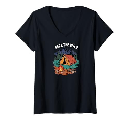Mujer Seek The Wild Camping Tent Campfire Mountain Nature Design Camiseta Cuello V