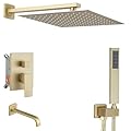 JingGang Brushed Gold Rain Shower System Tub Shower Faucet Set 12 Inch Square Rainfall Shower Head with Handheld Sprayer and Tub Spout Rough-in Valve Shower Mixer Combo