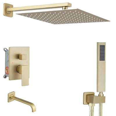 JingGang Brushed Gold Rain Shower System Tub Shower Faucet Set 12 Inch Square Rainfall Shower Head with Handheld Sprayer and Tub Spout Rough-in Valve Shower Mixer Combo