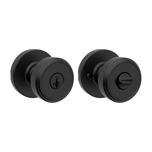Image of Kwikset Maven Entry Door Knob with Lock and Key, Secure Keyed Handle Exterior, Front Entrance and Bedroom, Matte Black, Pick Resistant SmartKey Rekey Security and Microban