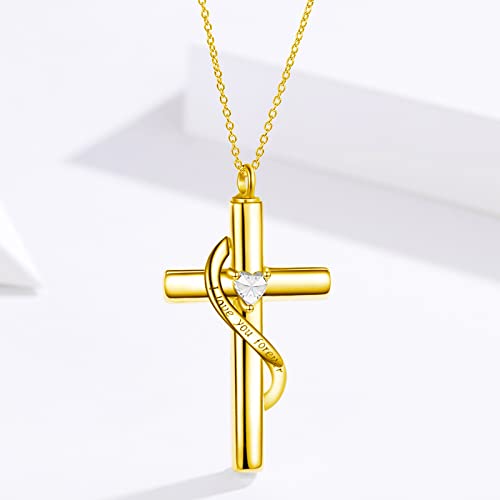 SOULMEET Crystal Cross Necklace for Ashes Gold Plated Silver I Love You Forever Birthstone April Cross Urn Necklaces for Ashes Keepsake Cremation Jewelry for Pet Human Ashes - Image 3