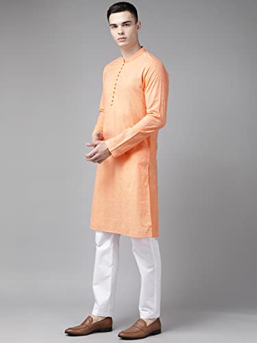Image of See Designs Men Peach Pure Cotton Chikankari Embroidered Straight Kurta