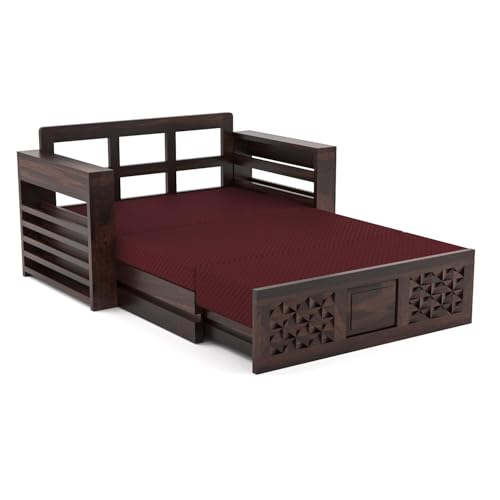 Image of Solid Sheesham Wooden 2 Seater Sofa Cums Bed with Mattresses for Home Living Room | Rosewood 2 Seater Sofa Cums Bed for Bedroom Without Pillow | Wooden Sofa Bed (Walnut, 2 Seater)