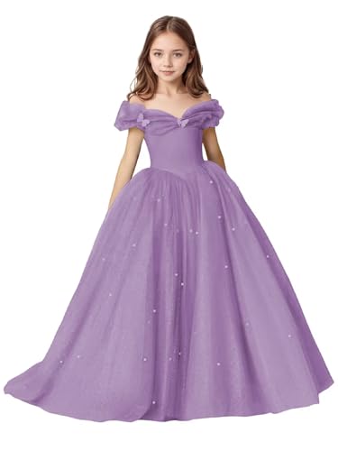 Tulle Flower Girl Dresses for Wedding Sparkly Pearls Girls Princess Ball Gowns Off Shoulder Girls Pageant Dress4