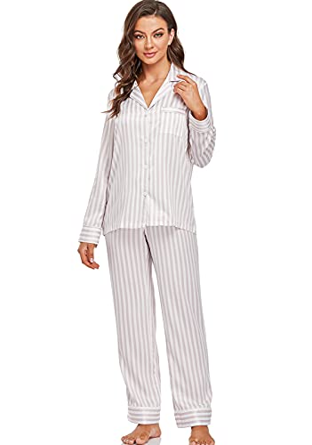 Image of Serenedelicacy Women's Satin Pajama Set Long Sleeve Button Down Sleepwear 2-Piece Silky Pj Set
