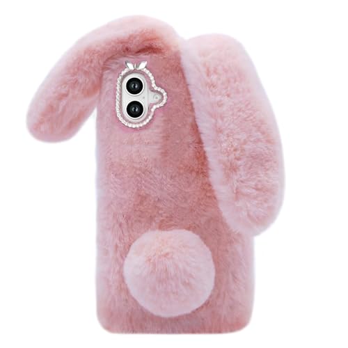 Omorro KC1690-I16M-6 Compatible With Iphone 16 Plus Case Plush Rabbit Case For Women Girls Soft Warm Fluffy Furry Bunny Ear Fur Phone Case Protective Bling Crystal Rhinestone Bow Knot Diamond Case Light Pink cover