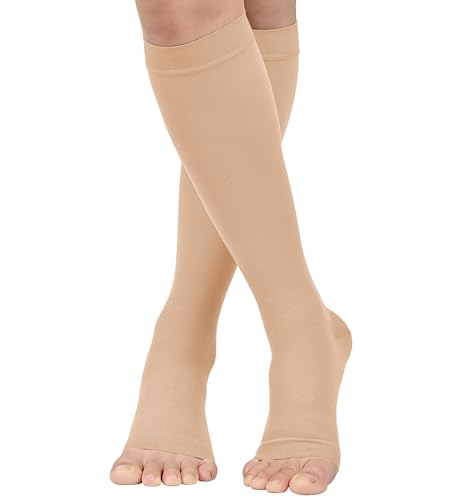 MGANG® Short Length 20-30 mmHg Compression Stocking for Men and Women, Reduced Length, Open Toe, Opaque, Support Hose for Varicose Veins, Edema, DVT, Pregnancy, Beige Large