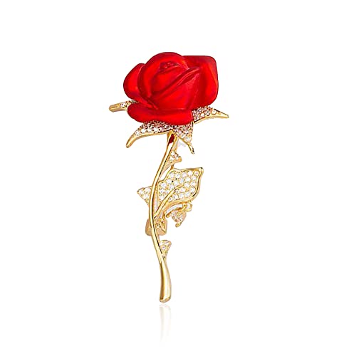 Image of Anmpab Rhinestone Rose Flower Brooch Pin for Women Red Green Crystal Big Leaf Brooch Lapel Pins Elegant Dress Accessories Jewelry Boutonniere Corsage for Hat Bag Suit Tie Valentine Wedding Mother Day