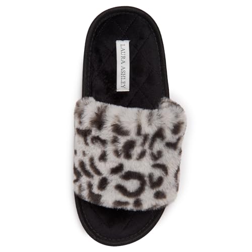 Laura Ashley Open Toe Fluffy Band Slippers for Women with Non-Skid Rugged Sole, Plush Terry Slippers for Ladies