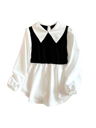 SweatyRocks Girl's Color Block Collar Blouse Button Front Ribbed Knit Long Sleeve Dress Shirts