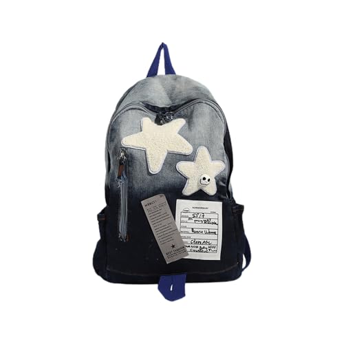 Mochila vintage Y2K Grunge – Mochila jeans gótica com estrelas, linda mochila estética emo para mulheres e homens, alternativa, Azul, M