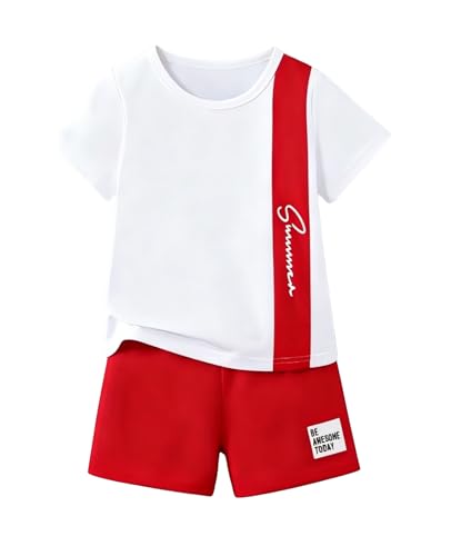 Image of Ayzozuy Boy Clothes Colorblock Top + Drawstring Waist Shorts 2 Pieces Kid Summer Outfits Set