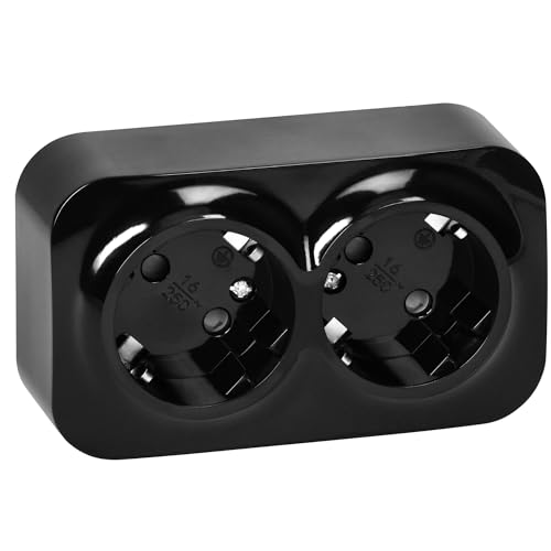 Miratic Enchufe Pared Schuko Toma de Corriente Pared IP20 Enchufe de Superficie Negro 16A/230VAC Duradero y Seguro para Uso Doméstico y Comercial