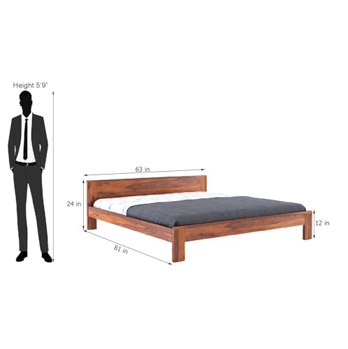 Image of Wooden Queen Size Bed Without Storage | Wooden Double Bed Cot Bed for Bedroom Furniture | Palang Double Bed for Hotels | Basic Headboard | Solid Sheesham Wood, Honey Finish