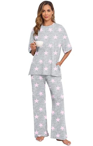 Image of PrinStory Womens Pajamas Sets 2 Piece Lounge Set Short Sleeve Tops and Long Pants Soft Pjs Loungewear with Pockets