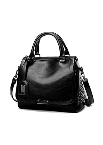 YAQUNICER Women Retro Rivet Top-handle Bag Oil Wax Leather Shoulder Crossbody Bags