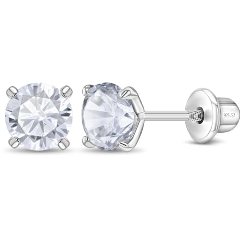 925 Sterling Silver Stylish Clear 4mm Solitaire Cubic Zirconia Screw Back Stud Earrings for Kids - Round Stone with Locking Back for Pierced Ears for Babies, Toddlers, & Little Girls