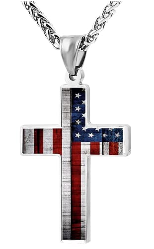 American Flag Patriotic Cross Pendant Necklace Religious Jewelry for Men