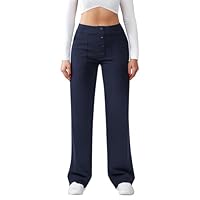 Friptspyg Pantalones de Las Señoras de Cintura Alta Anchos Botón de la Pierna Recta Casuales de Trabajo de Yoga Stretch con Bolsillos,Azul Marino S