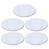 VANZACK 5 Platos Redondos Esmaltados de 24 Cm, Vintage Borde Azul, Reutilizables y Apilables, Perfectos para Servir Aperitivos, Cenas Familiares y Uso en Cocina o Restaurante