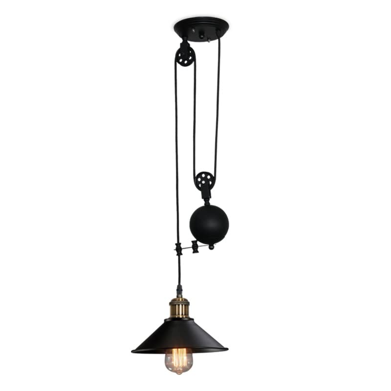 Lámpara de Techo Colgante Vintage con luz Colgante de polea Industrial, Altura Ajustable, Pantalla de Metal Negro, Estilo rústico de Granja para Isla de Cocina, Comedor, Bar