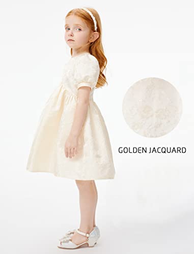 Girls Dresses Jacquard Princess Round Neck Short Sleeve A-Line High Waist Dress Ivory3