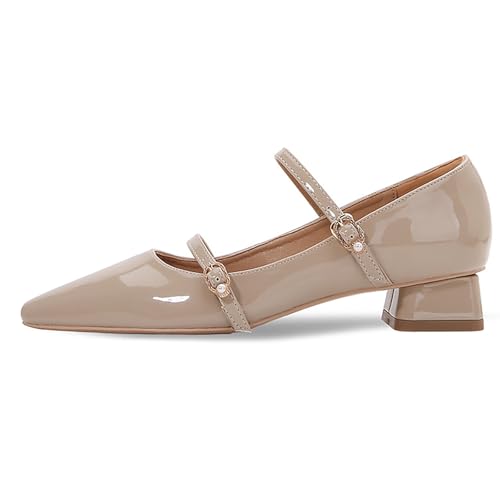 Women's Patent Leather Low Block Heel Mary Jane Dress Shoes Fashion Pearl Adjustable Ankle Buckle Pointed Closed Toe Mid Chunky Heel Pumps for Wedding Bride Work