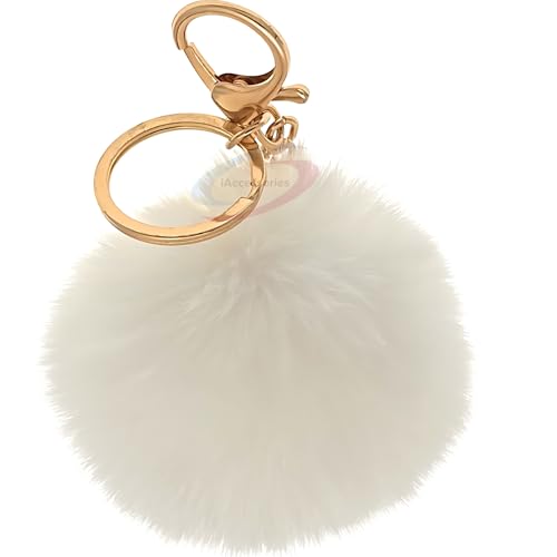 iAccessories Fluffy Faux Fur Pom Pom Ball Key Ring | Keychain Charm for Girls Bags, Wallets and Luggage - White