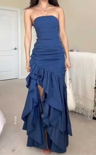 Strapless Satin Prom Dress Ruffle Mermaid Wedding Dresses for Bride Long Corset Formal Evening Gown with Slit YH383