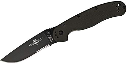 Ontario Knife Co. 8847 Rat-1 Faca dobrável reversível de aço inoxidável AUS-8 com borda serrilhada de 9 cm, cabo de nylon com 4 posições e clipe reversível para ambientes externos, táticos, sobrevivência e EDC (preto)